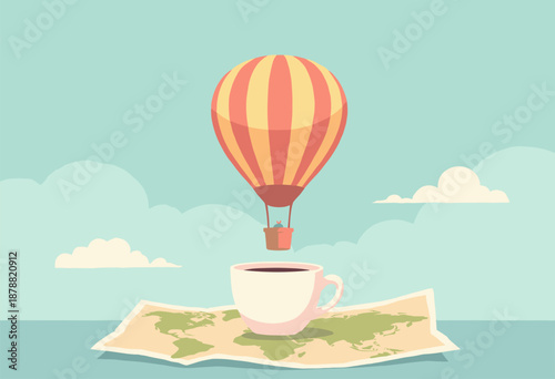 coffee cup that is actually hot air balloon basket flying over map Travel Work Flat