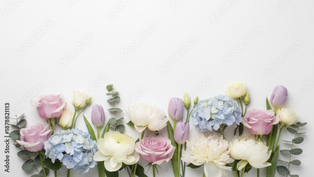 Obraz premium Beautiful Floral Arrangement with Pink and Blue Flowers on White Background for Elegant Decor