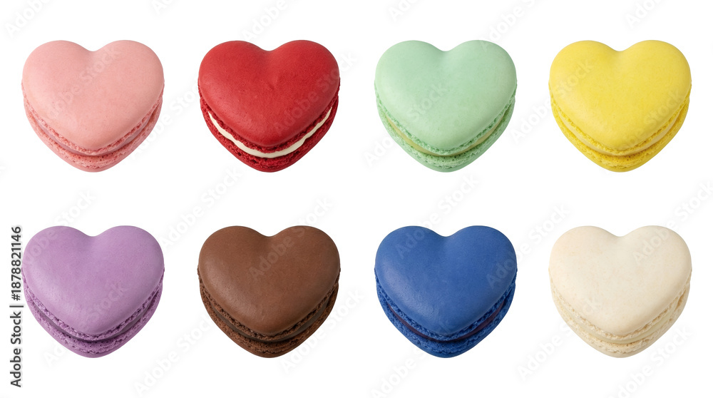 Obraz premium Heart shaped macaron set including pink, red, green, yellow, purple, brown, blue, and white colors isolated. Sweet dessert and Valentine confectionery collection.
