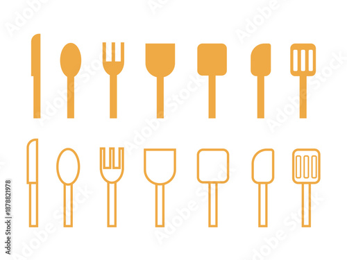 黄色の調理器具（包丁、お玉、ヘラ）のアイコンのイラストのセット