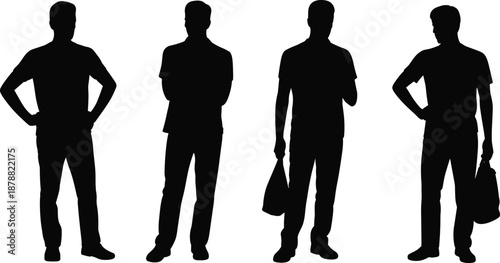 Casual men silhouettes in standing poses, anonymous male figures with bags, modern lifestyle, confidence, individuality concept isolated on white background