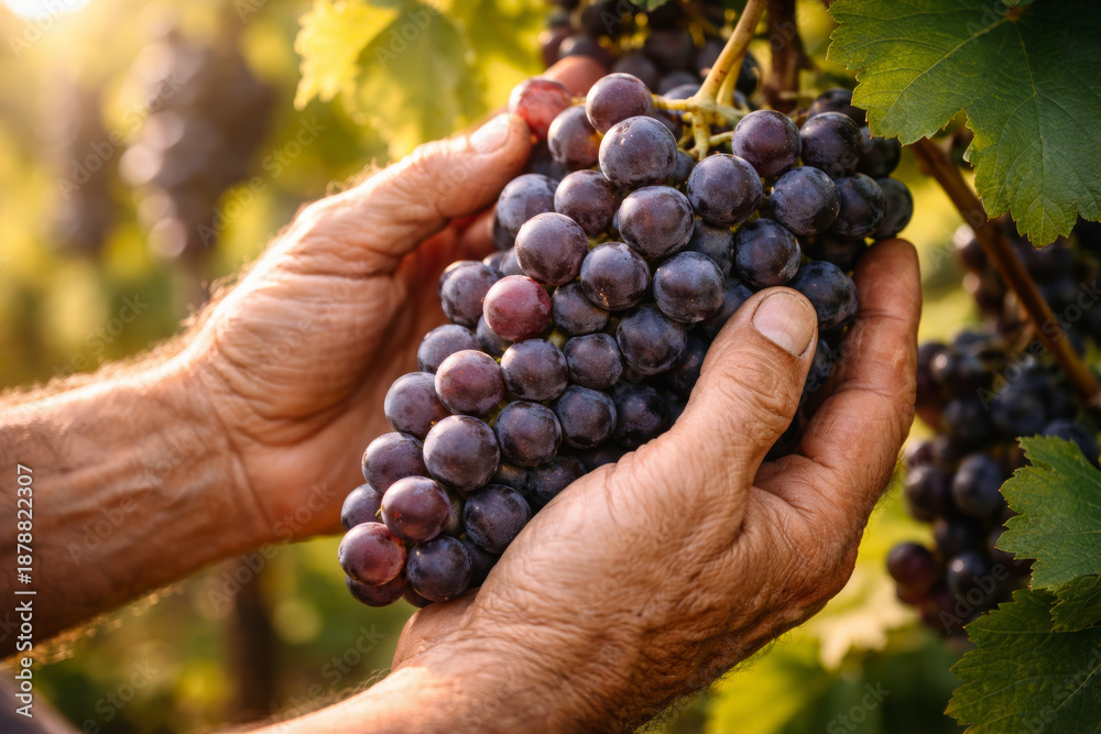 Obraz premium Hands holding ripe grapes in a vineyard during sunset