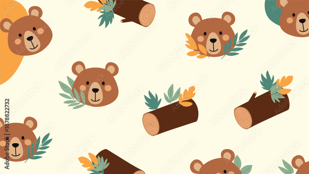 Fototapeta premium Cute and cozy seamless pattern for children featuring adorable brown bear faces, logs, and autumn leaves on a light background.