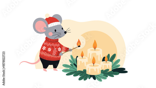 Adorable Christmas illustration of a cute mouse in a red sweater and Santa hat lighting festive candles with a match.