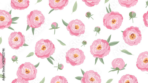 Beautiful and romantic seamless floral pattern with lush pink peony flowers and green leaves scattered on a white background.
