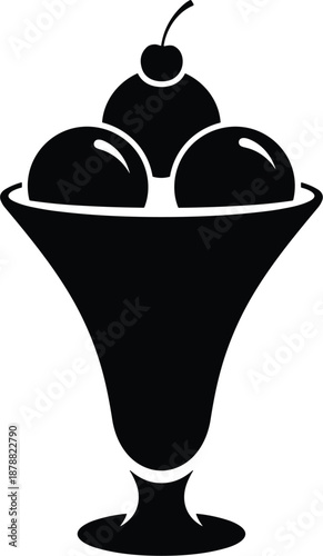 Black silhouette vector illustration of an ice cream sundae with three scoops and a cherry in a glass.