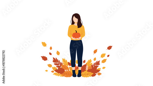 Minimalist autumn illustration of a woman in a yellow sweater holding a pumpkin, standing among a pile of falling leaves.