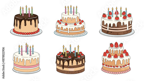 Delicious collection of six hand-drawn birthday and celebration cakes with candles, strawberries, and chocolate frosting.