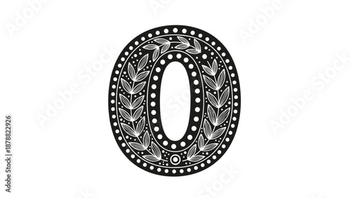 Ornate number zero or letter O in a black and white folk art style, featuring a laurel wreath design and dot patterns, isolated on white.