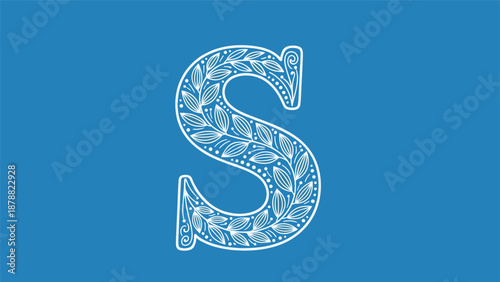 Hand-drawn letter S in a white folk art style with intricate leaf and dot patterns, elegantly displayed on a solid dark blue background.