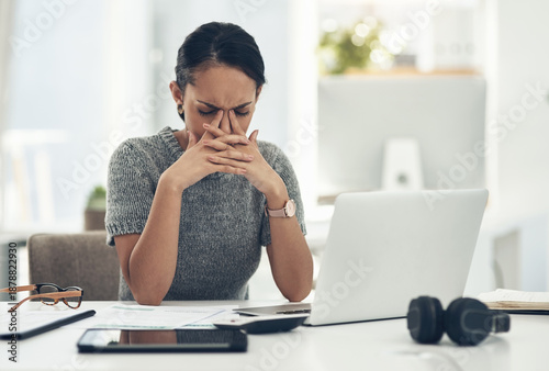 Tableau sur toile Stress, anxiety and worry with a businesswoman feeling negative, overworked and overwhelmed while suffering from a headache or migraine