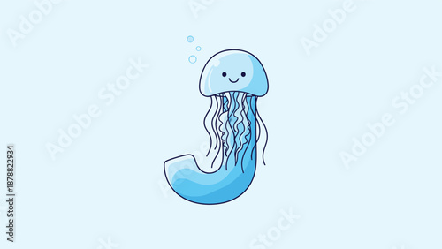Adorable cartoon jellyfish forming the letter J, a cute and playful aquatic animal alphabet illustration for children's learning and design projects.