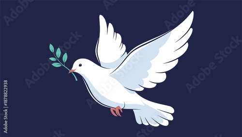 Beautiful white dove of peace flying with an olive branch in its beak, a powerful symbol of hope and harmony on a dark blue background.