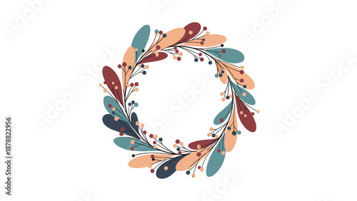 Beautiful autumn-themed wreath with stylized leaves and berries in a warm, muted color palette, creating a rustic and elegant circular frame.