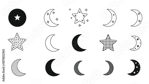 Diverse collection of moon and star icons in various graphic styles, including solid black, line art, and patterns for celestial designs.