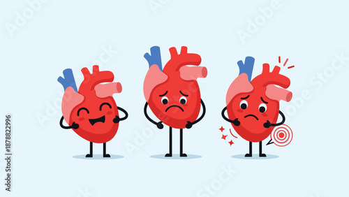 Cute human heart organ characters showing various health states, from happy and healthy to sad and experiencing chest pain or a heart attack.