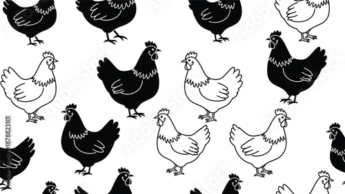 Seamless black and white pattern with cute hand-drawn chickens and hens, a simple and rustic farm animal background for fabric or wallpaper.