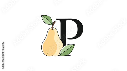 Creative initial letter P for a fruit alphabet, featuring a cute yellow pear with green leaves for a fresh and healthy food-themed logo.