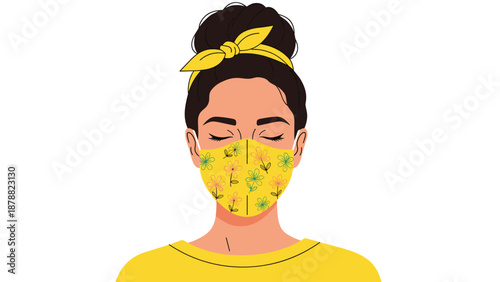 Stylish young woman with closed eyes wearing a decorative yellow face mask and matching hair bandana to protect against virus and pollution.