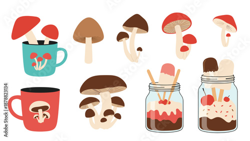 Cute collection of hand-drawn illustrations featuring various wild mushrooms, themed mugs, and delicious ice cream sundaes in mason jars.
