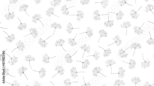 Seamless minimalist pattern with delicate hand-drawn dandelion flowers, creating a light and airy botanical background in black and white.