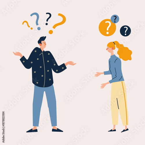Two people standing with question marks above their heads showing confusion, misunderstanding and uncertainty in communication. Flat illustration of problem discussion, doubts, thinking process