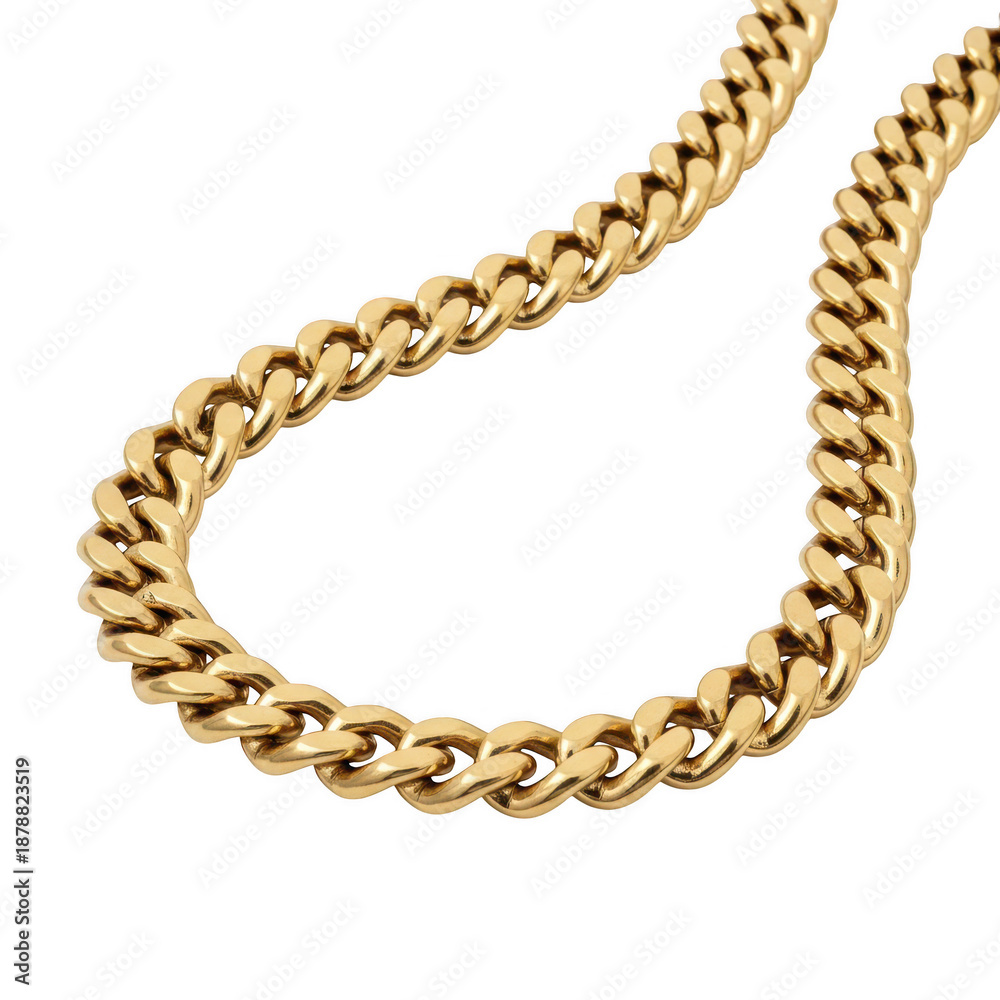 Fototapeta premium Elegant golden curb chain necklace displayed against white background isolated on transparent background