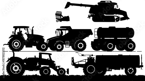 Clean black silhouette of various farm machinery in a vector pack, featuring a detailed tractor with prominent wheels and exhaust pipe, a combine harvester with visible cutting header and grain tank, 