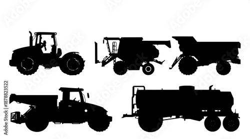 Clean black silhouette of various farm machinery in a vector pack, featuring a detailed tractor with prominent wheels and exhaust pipe, a combine harvester with visible cutting header and grain tank, 