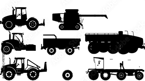 Clean black silhouette of various farm machinery in a vector pack, featuring a detailed tractor with prominent wheels and exhaust pipe, a combine harvester with visible cutting header and grain tank, 