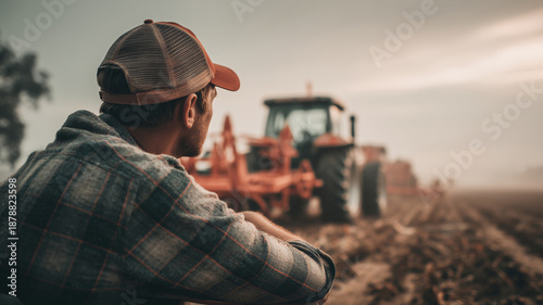 Young caucasian man farmer watching tractor plowing field at sunrise, rear view on rural farmland during spring planting season