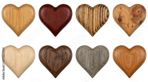 Wooden heart set including various grain patterns, species, and colors isolated. Decorative carvings and romantic craft collection.