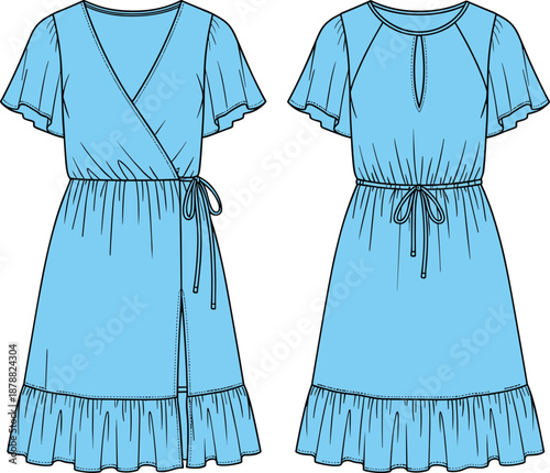 Fashion illustration of blue women’s dresses with flutter sleeves, ruffled hems, wrap bodice and keyhole neckline in front views.