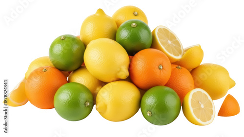 Fotografie Isolated pile of lemons, limes, and oranges sitting on top of each other in a he
