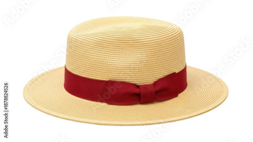Isolated straw boater hat with red ribbon detail, summer fashion headwear style accessory