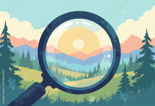 magnifying glass focusing single pixel landscape Attention to Detail Flat