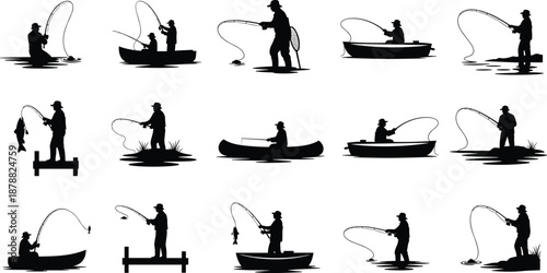 Silhouette illustration of fifteen fishing scenes featuring people casting, reeling, and holding rods from boats, docks, and shorelines.