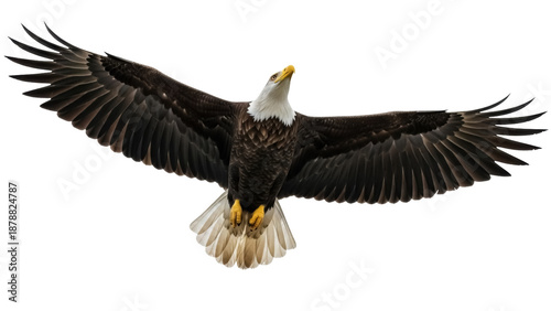Isolated majestic bald eagle in flight with outstretched wings soars through the air
