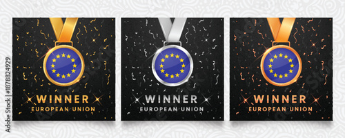 3D winner medals featuring the European Union stars flag design, set on a dark textured background with golden and silver confetti and glowing stars.