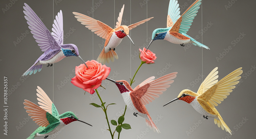 Fototapeta premium Colorful paper hummingbird with open wing near a rose, against a neutral background, representing nature, beauty, and freedom; perfect for floral concepts