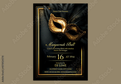 Editable Carnival Party Flyer Design with Elegant Masquerade Mask Ball in Golden and Black Color.