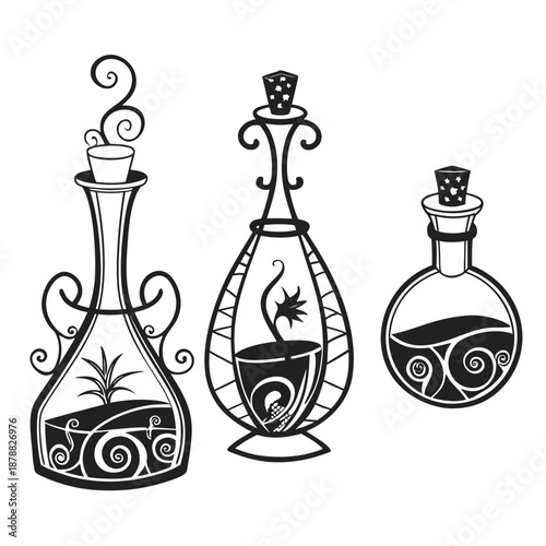 Three decorative potion bottles