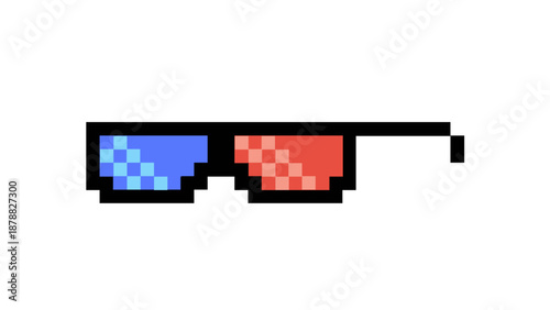 Retro pixel art anaglyph glasses with vibrant red and blue lenses, a nostalgic digital icon for gaming, virtual reality, and classic old-school entertainment themes