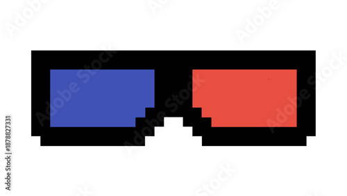 Pixel art 3D glasses with classic red and blue lenses, representing retro cinema, vintage entertainment, and nostalgic immersive experiences for digital design projects