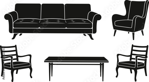 Minimal black silhouette living room furniture set featuring sofa armchairs coffee table and classic interior design elements illustration