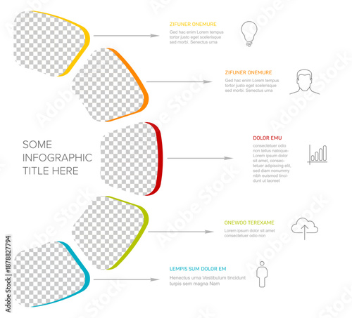 This professional business infographic template with five photo placeholders features five stages for data visualization. Versatile infographic showcases your step-by-step business process clearly.