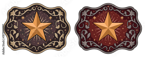 Sheriff Star Badge and Belt Buckle set featuring Texas five-point star and wild west rodeo motifs