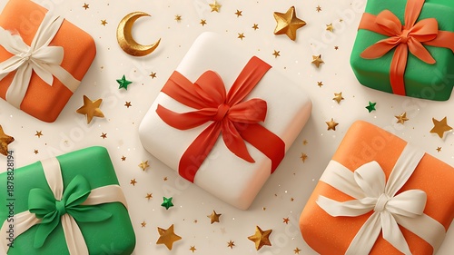 Festive Gift Boxes with Crescent Moon and Golden Stars on Colorful Background