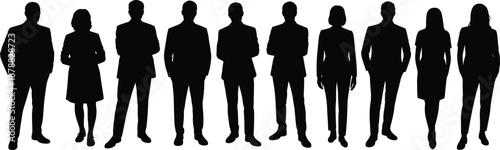 People Silhouette Group of Men and Women Standing in Formal and Casual Poses Together Isolated on White Background Professional Community Lifestyle Illustration