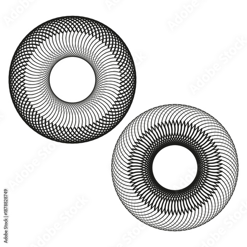 Wire torus set. Mesh ring pair. Geometric grid Vector. 3d circle group.